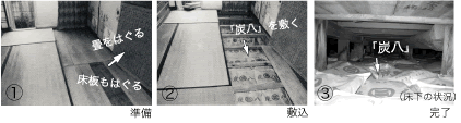 既設住宅の施工/座板をはずし「炭八」を敷設